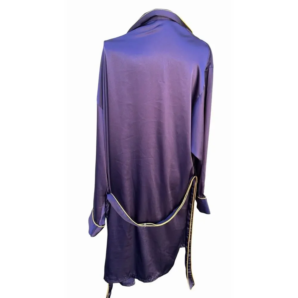 Victoria's Secret Satin Kimono Robe XL Dark Purple Gold Trim Long Belted Pockets